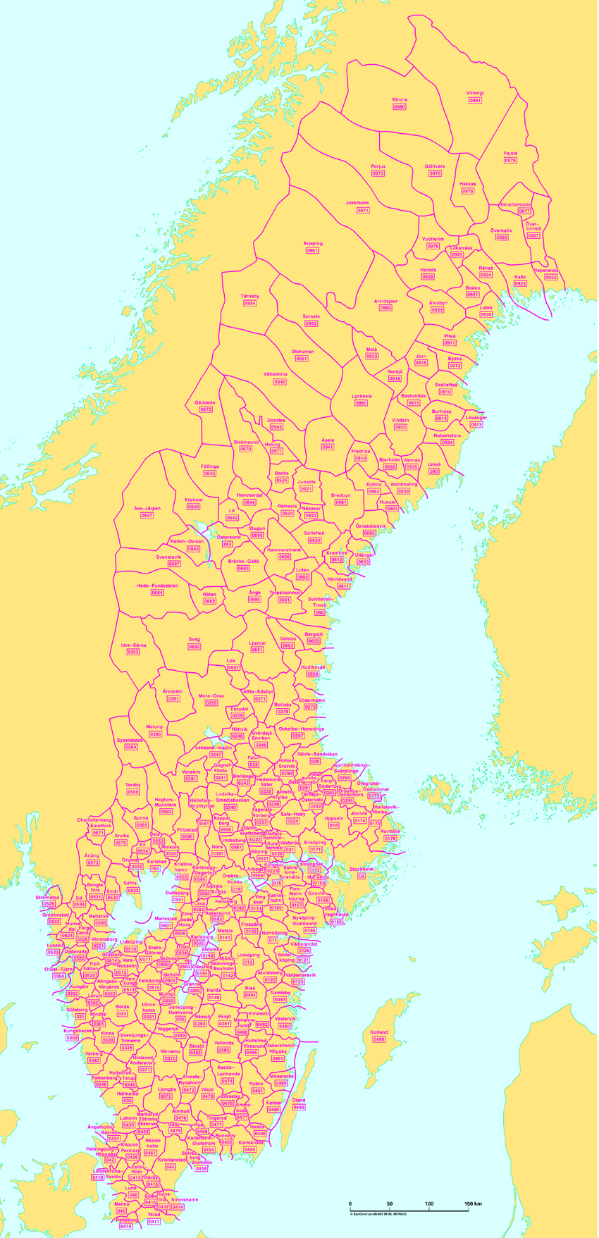Europa Szwecja mapa stref numeracyjnych dla miast i regionów