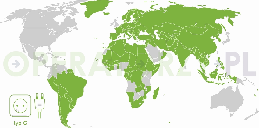 Mapa z państwami w których używane są gniazda i wtyczki elektryczne typu C
