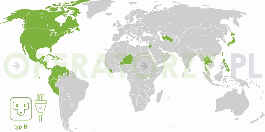 Mapa z państwami w których używane są gniazda i wtyczki elektryczne typu B