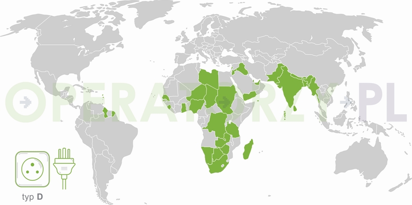 Mapa z państwami w których używane są gniazda i wtyczki elektryczne typu D