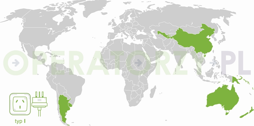 Mapa z państwami w których używane są gniazda i wtyczki elektryczne typu I
