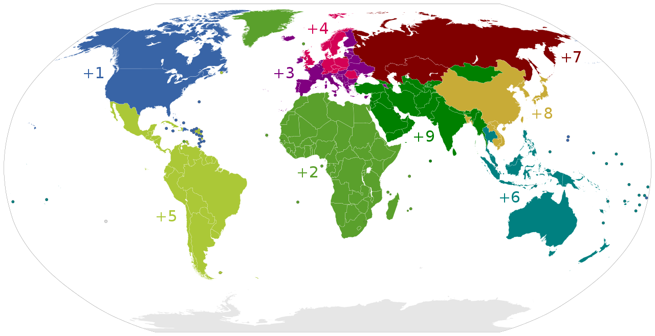 grafika obrazuje podział numeracji kierunkowej na świecie