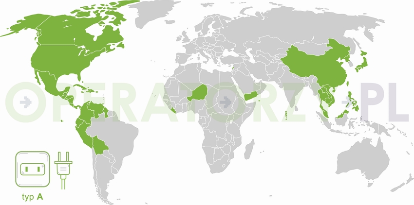 Mapa z państwami w których używane są gniazda i wtyczki elektryczne typu A