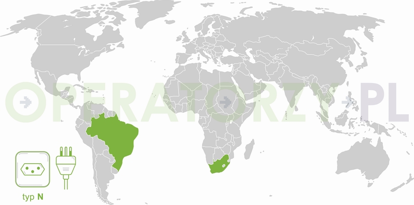 Mapa z państwami w których używane są gniazda i wtyczki elektryczne typu N