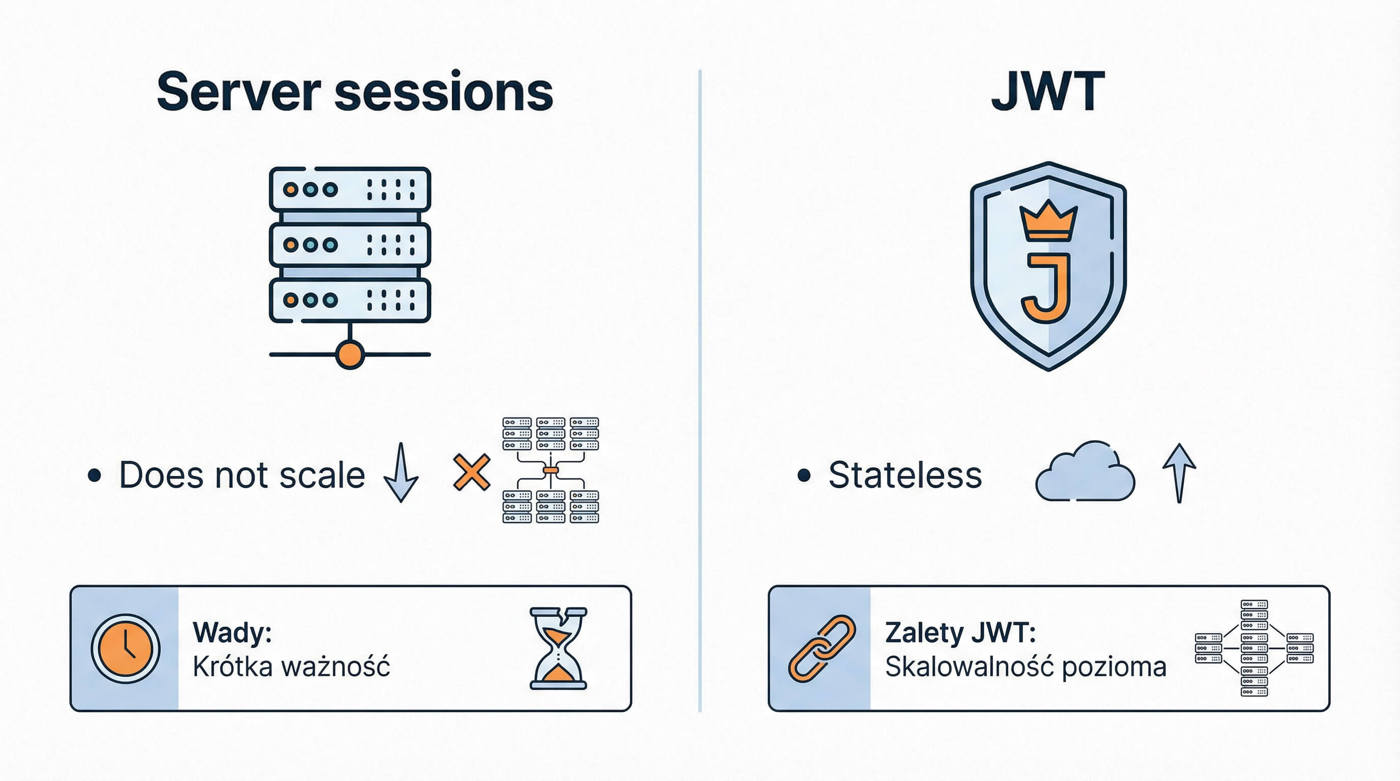 Porównanie sesji serwerowych (nie skaluje) i&nbsp;JWT (stateless, skalowalny poziomo) z&nbsp;wadami i&nbsp;zaletami