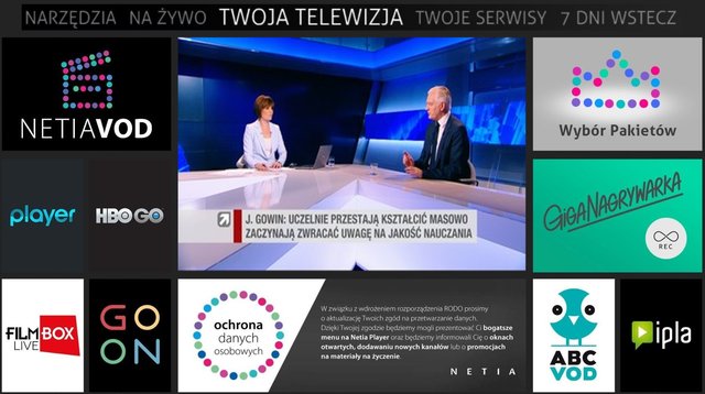 menu główne Netia Playera w wersji dla abonenta, który nie wyraził ostatniej z wyżej wymienionych zgód