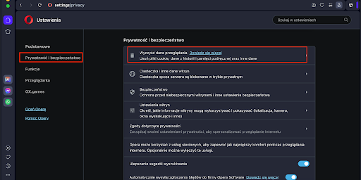 ustawienia wyczyść dane przeglądarki w Operze