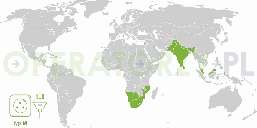 Mapa z państwami w których używane są gniazda i wtyczki elektryczne typu M