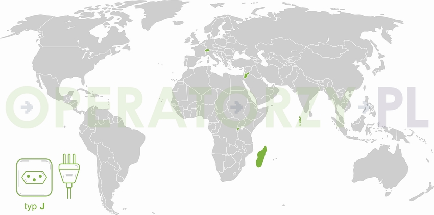 Mapa z państwami w których używane są gniazda i wtyczki elektryczne typu J