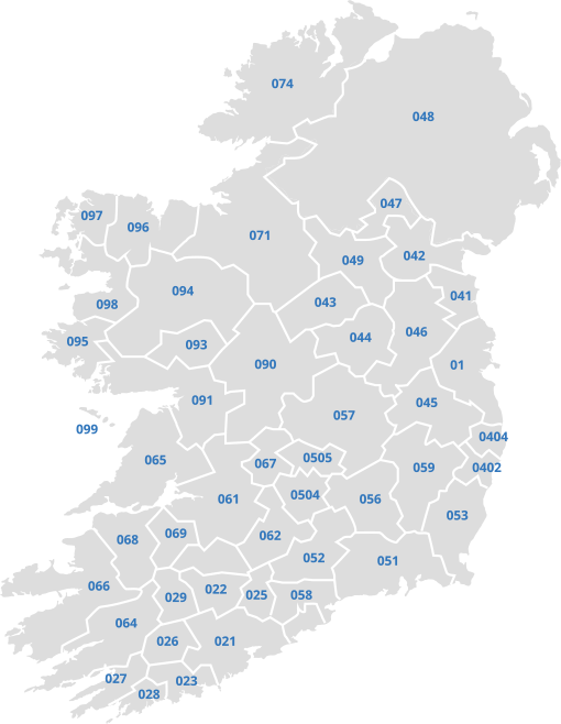 Mapa numerów kierunkowych w Irlandii