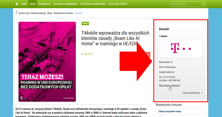 Dane kontaktowe do firmy przy każdym dodanym do Operatorzy.pl newsie
