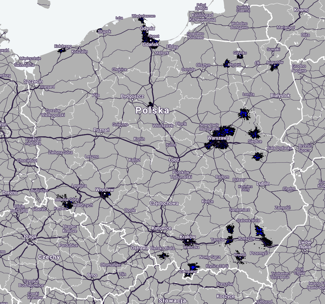 Mapa zasięgu sieci 5G Play na dzień 2020.12.06