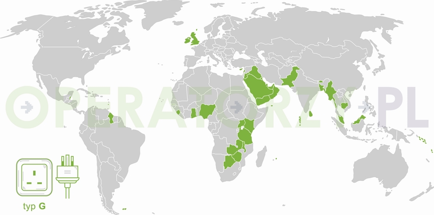 Mapa z państwami w których używane są gniazda i wtyczki elektryczne typu G