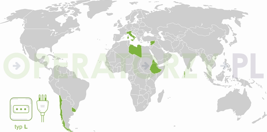 Mapa z państwami w których używane są gniazda i wtyczki elektryczne typu L