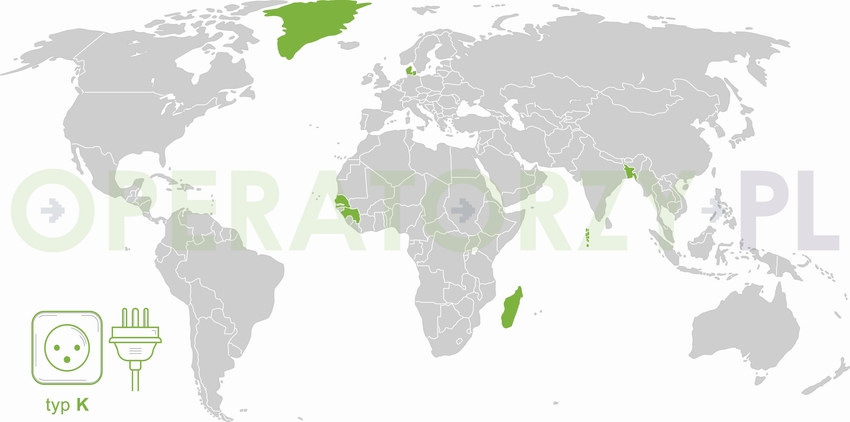 Mapa z państwami w których używane są gniazda i wtyczki elektryczne typu K