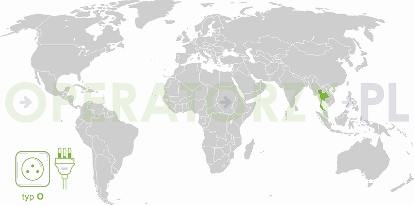 Mapa z państwami w których używane są gniazda i wtyczki elektryczne typu O