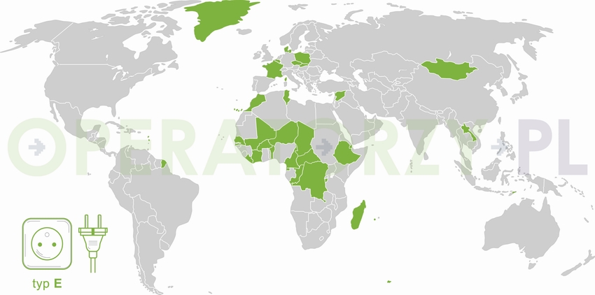 Mapa z państwami w których używane są gniazda i wtyczki elektryczne typu E